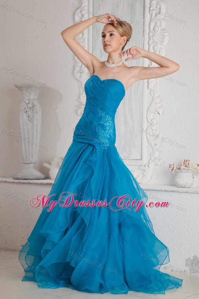 Teal Sweetheart Mermaid Prom Dress with Brush Train and Appliques