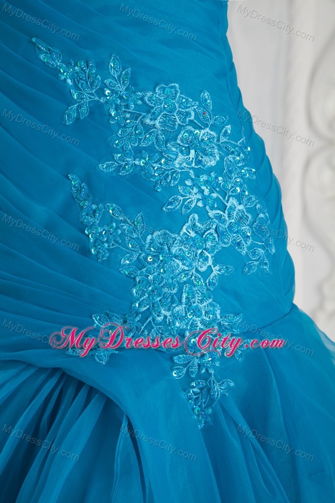 Teal Sweetheart Mermaid Prom Dress with Brush Train and Appliques