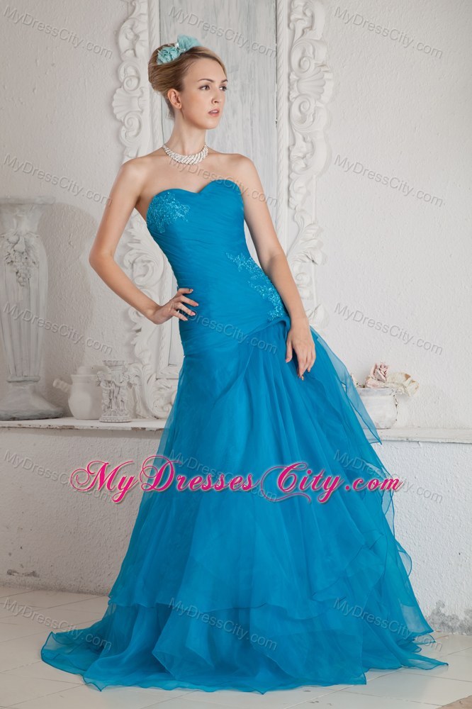 Teal Sweetheart Mermaid Prom Dress with Brush Train and Appliques