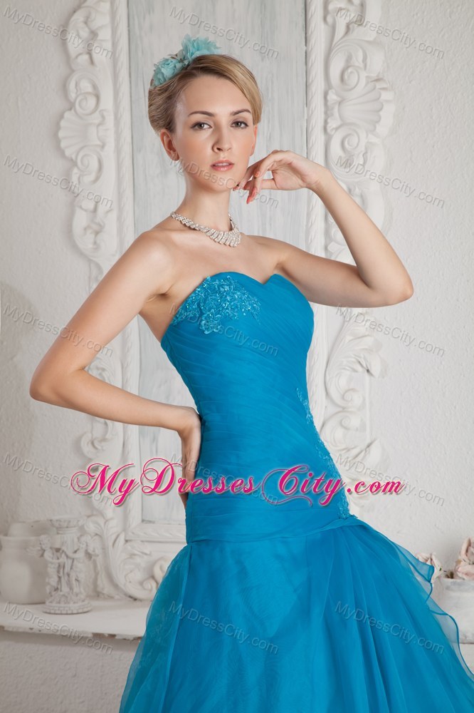 Teal Sweetheart Mermaid Prom Dress with Brush Train and Appliques