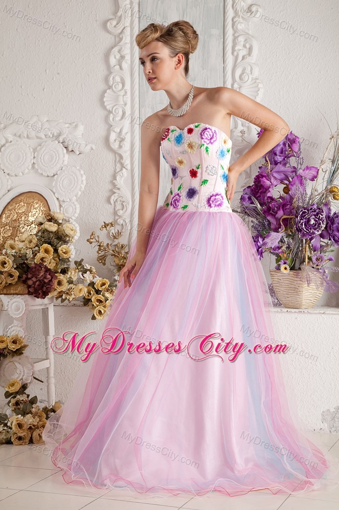 Colorful Appliques Sweetheart Tulle Layers Prom Gown for 2013