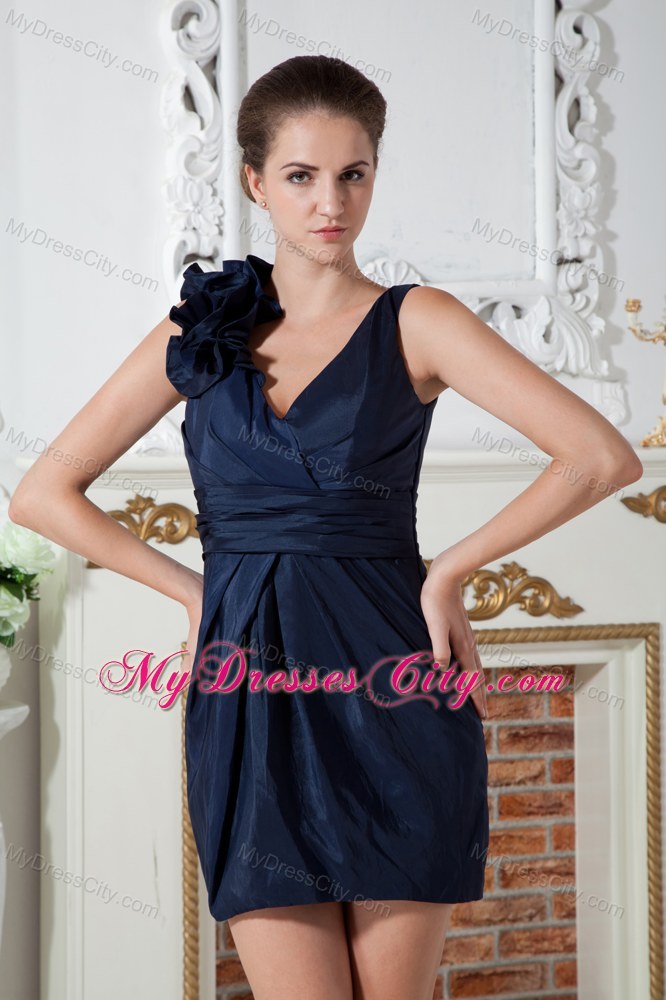 Handmade Flowers V-neck Ruche Taffeta Mini-length Prom Dress