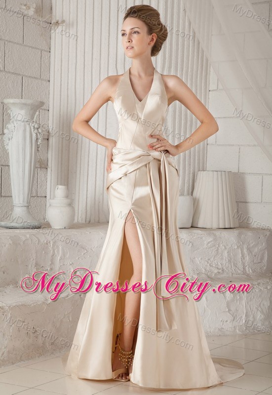 Champagne Halter Top High Slit Cool Back Prom Dress with Court Train