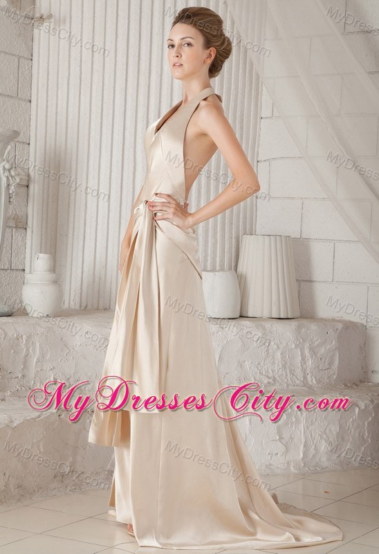 Champagne Halter Top High Slit Cool Back Prom Dress with Court Train