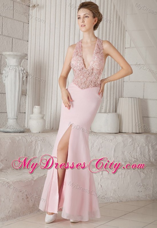 Lace V-neck Slit Criss Cross Back Pink Prom Dress for Women