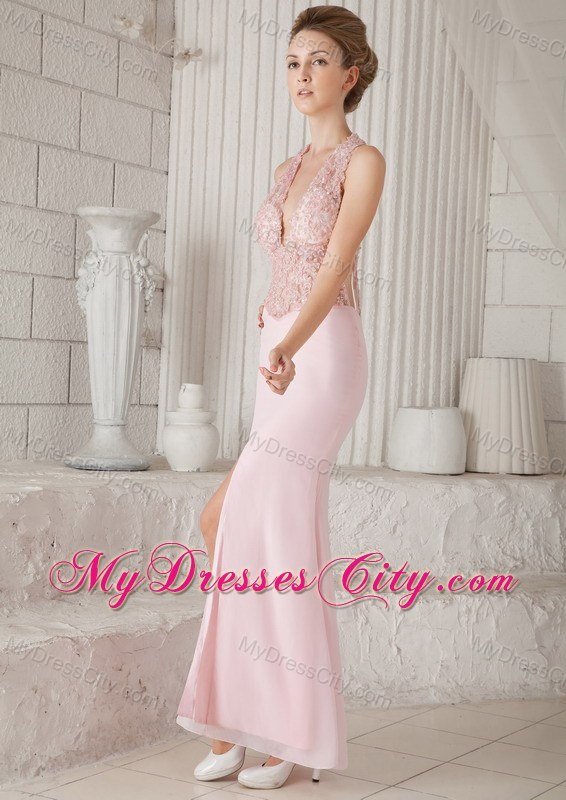 Lace V-neck Slit Criss Cross Back Pink Prom Dress for Women