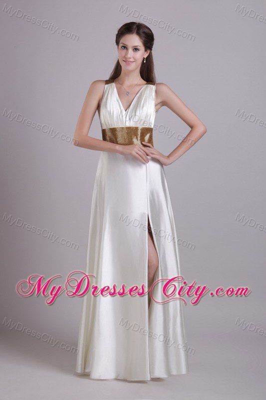 Criss Cross Back Prom Dress with V-neck Sash and High Slit