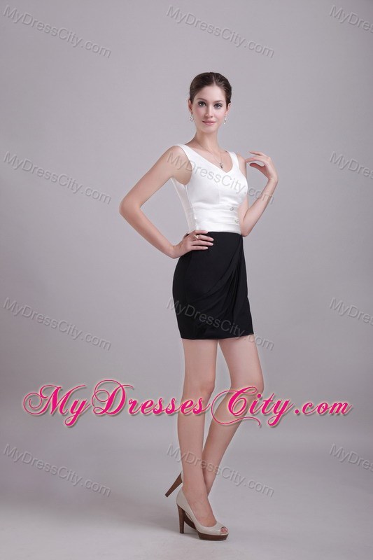 White and Black V-neck Mini-length Beading Prom Dress for Women