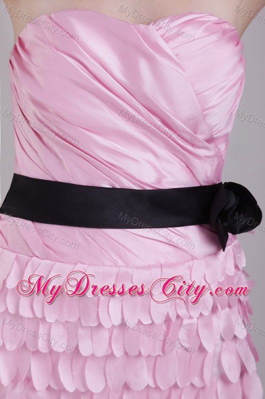 Pink Strapless Ruched Mini-length Prom Dress with Black Sash