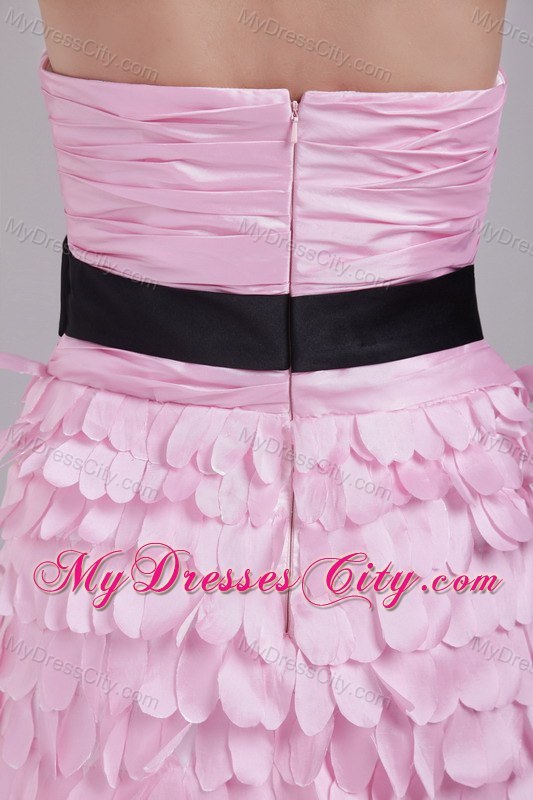 Pink Strapless Ruched Mini-length Prom Dress with Black Sash