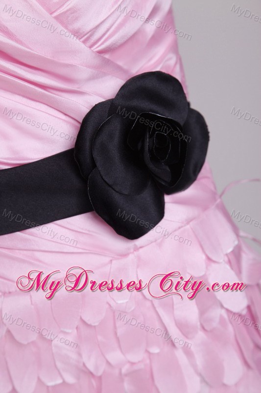 Pink Strapless Ruched Mini-length Prom Dress with Black Sash