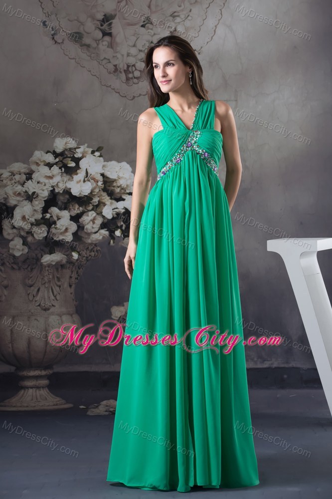 Beading and Ruching Green V-neck Chiffon Prom Dress for Ladies