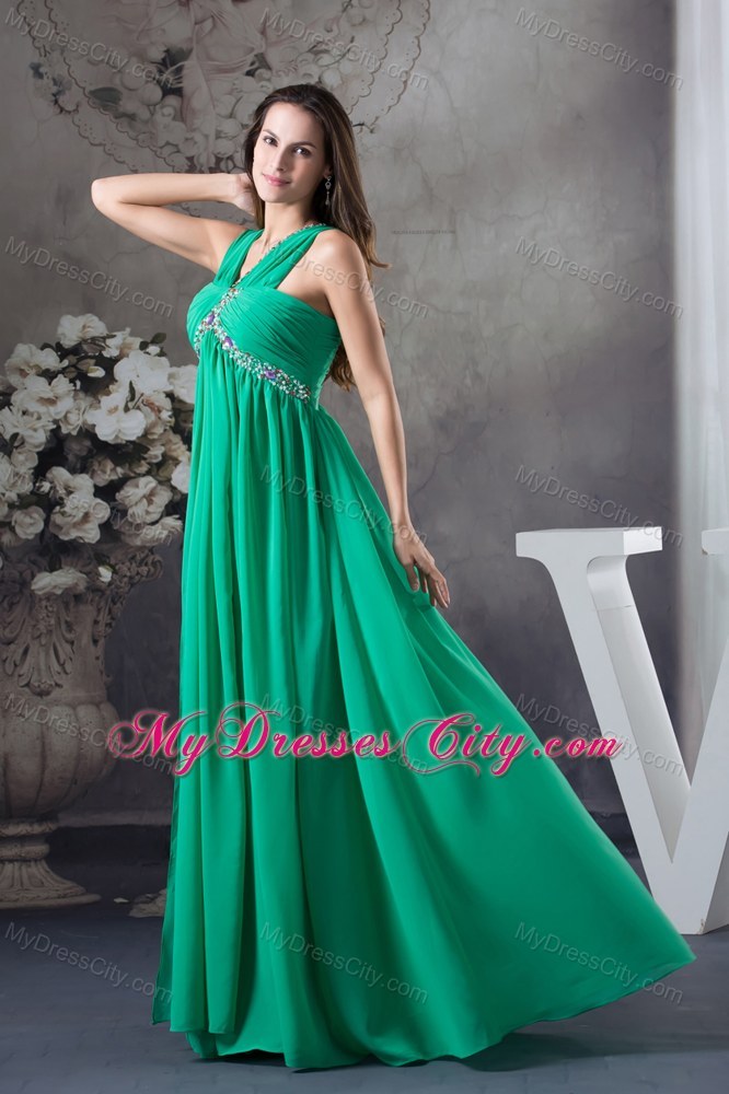 Beading and Ruching Green V-neck Chiffon Prom Dress for Ladies