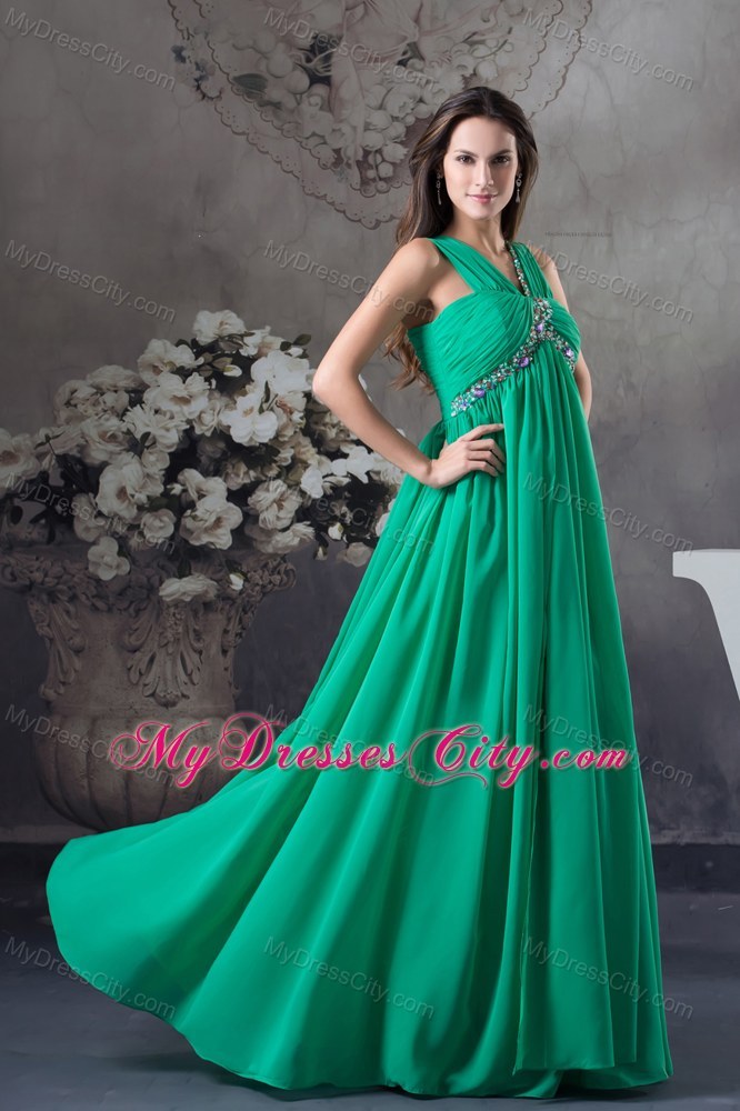 Beading and Ruching Green V-neck Chiffon Prom Dress for Ladies