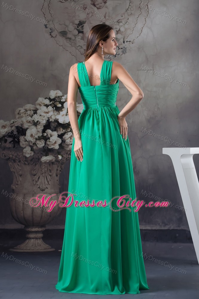 Beading and Ruching Green V-neck Chiffon Prom Dress for Ladies