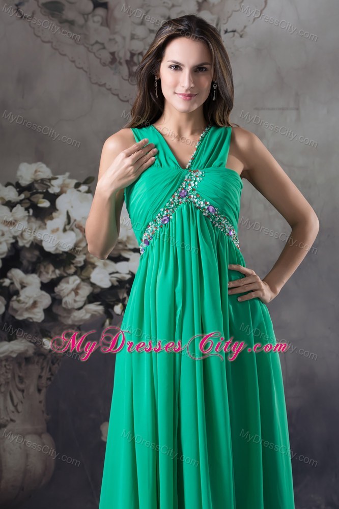 Beading and Ruching Green V-neck Chiffon Prom Dress for Ladies