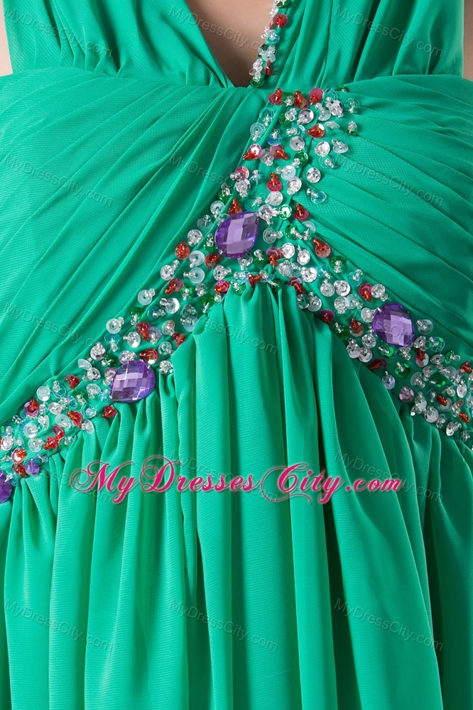 Beading and Ruching Green V-neck Chiffon Prom Dress for Ladies