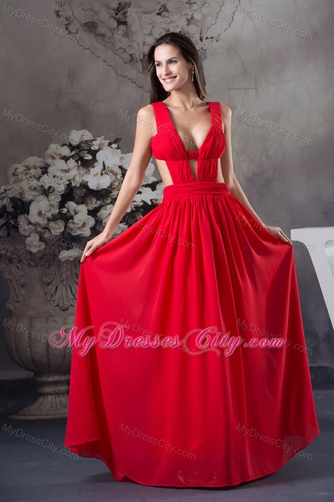 Red Ruching Cut Outs Cool Back Straps Chiffon Prom Dress