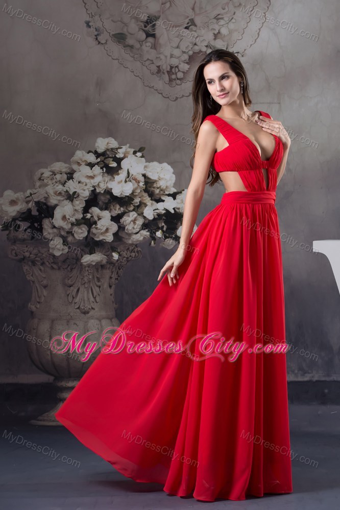 Red Ruching Cut Outs Cool Back Straps Chiffon Prom Dress