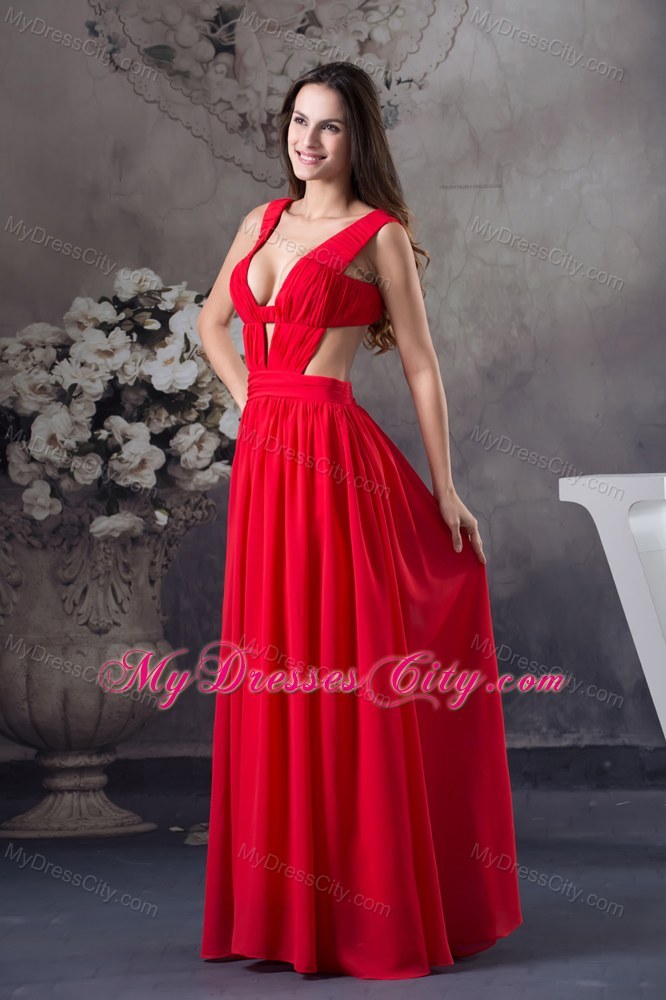 Red Ruching Cut Outs Cool Back Straps Chiffon Prom Dress