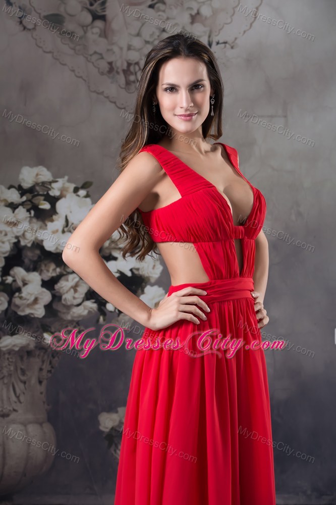 Red Ruching Cut Outs Cool Back Straps Chiffon Prom Dress