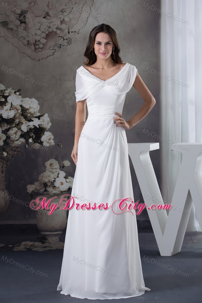 Simple White Ruching V-neck Zipper up Back Chiffon Prom Dress