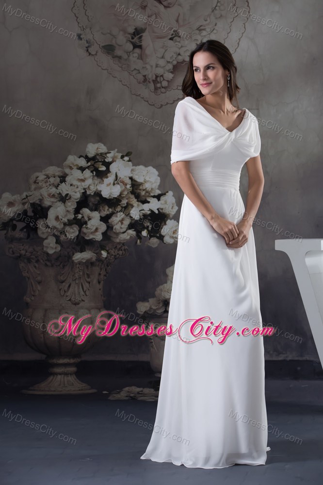 Simple White Ruching V-neck Zipper up Back Chiffon Prom Dress