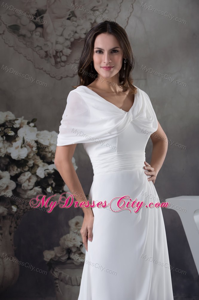 Simple White Ruching V-neck Zipper up Back Chiffon Prom Dress