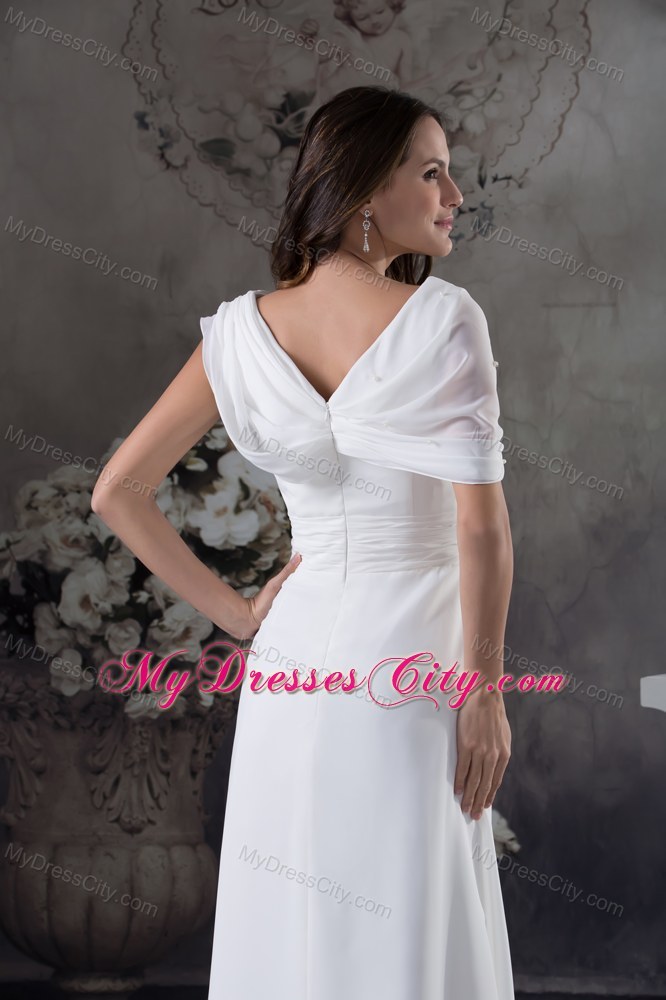 Simple White Ruching V-neck Zipper up Back Chiffon Prom Dress