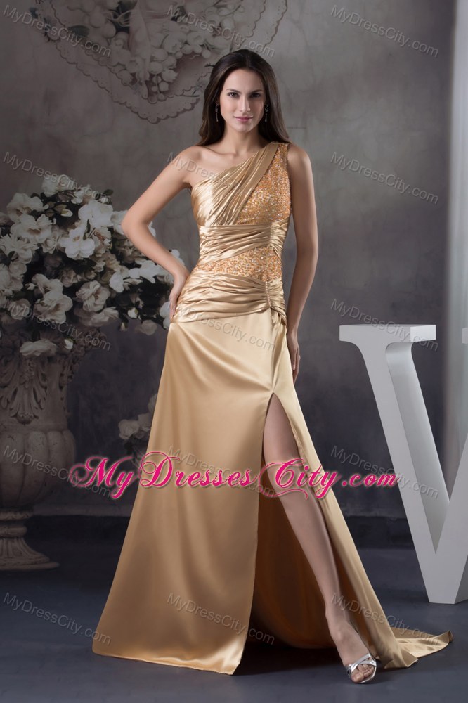 Champagne Beaded Slit Prom Dress with One Shoulder Court Train