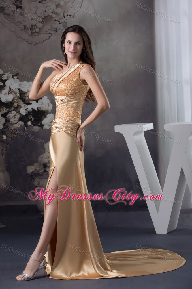 Champagne Beaded Slit Prom Dress with One Shoulder Court Train