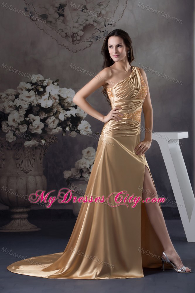 Champagne Beaded Slit Prom Dress with One Shoulder Court Train