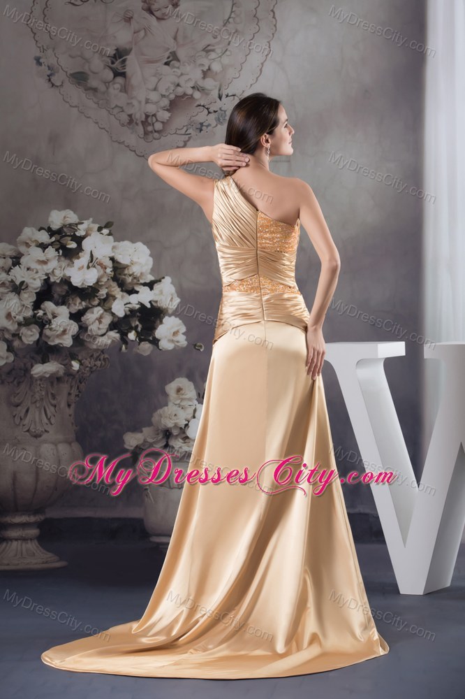 Champagne Beaded Slit Prom Dress with One Shoulder Court Train