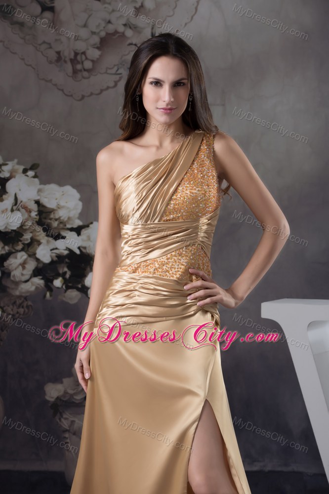 Champagne Beaded Slit Prom Dress with One Shoulder Court Train