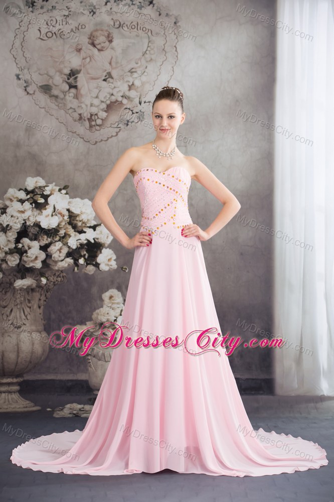 Back Out Court Train Beaded Chiffon Pink Sweetheart Prom Dress