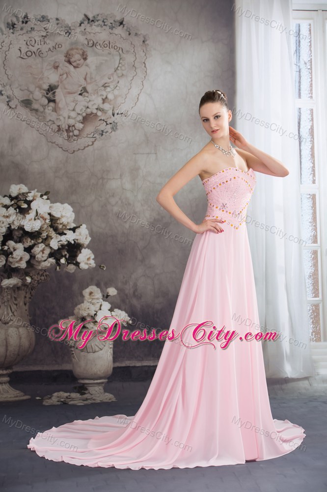 Back Out Court Train Beaded Chiffon Pink Sweetheart Prom Dress