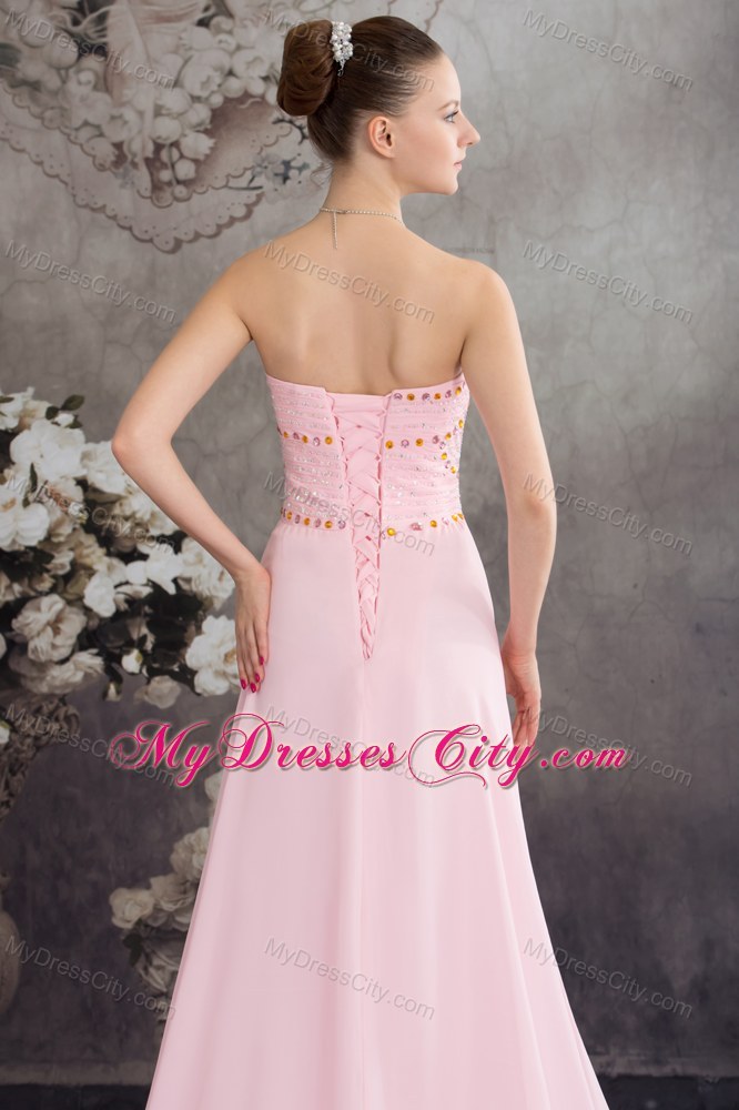 Back Out Court Train Beaded Chiffon Pink Sweetheart Prom Dress