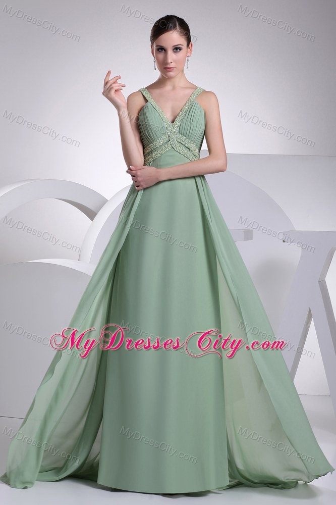 Apple Green V-neck Beading Brush Train Back Out Prom Dress