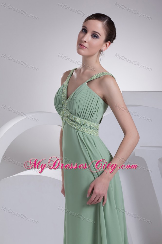 Apple Green V-neck Beading Brush Train Back Out Prom Dress