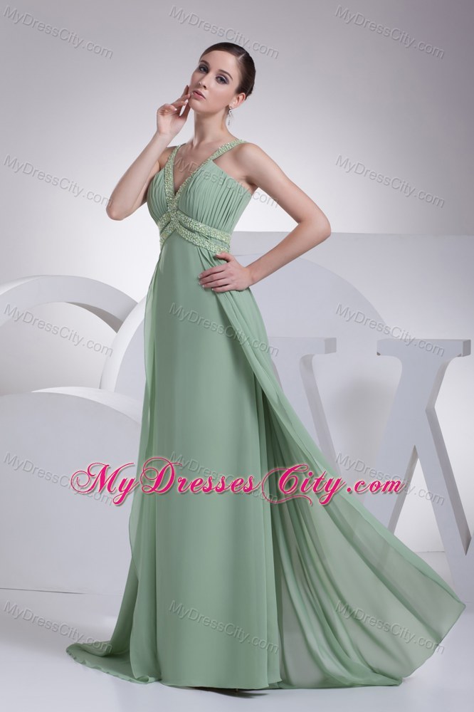 Apple Green V-neck Beading Brush Train Back Out Prom Dress