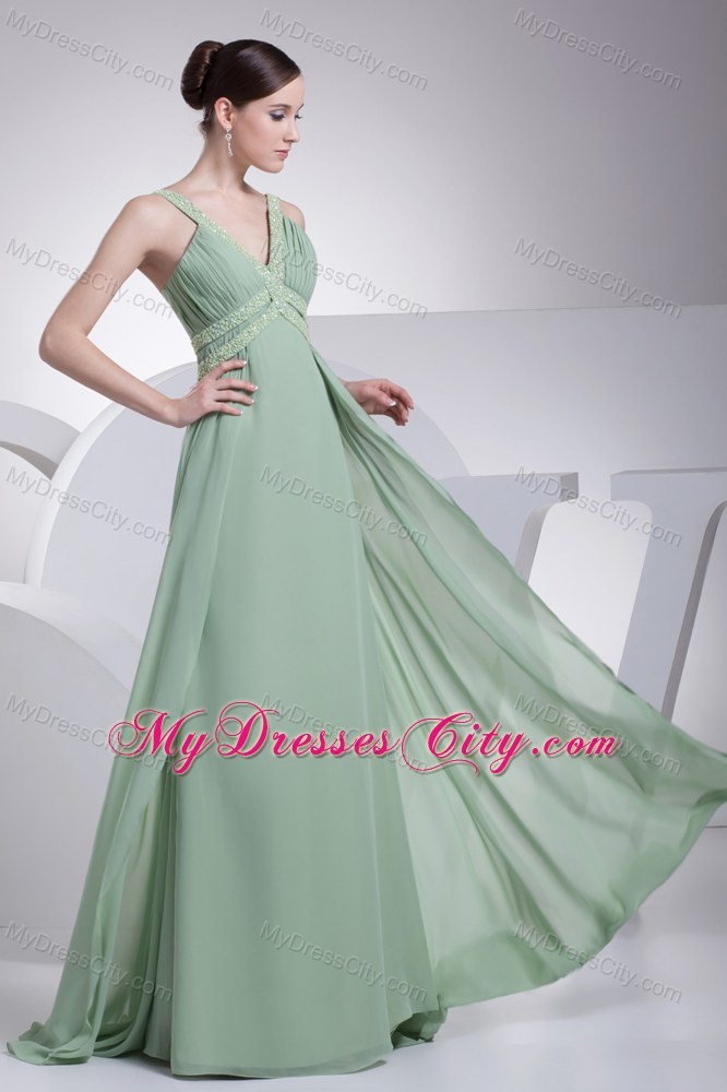 Apple Green V-neck Beading Brush Train Back Out Prom Dress