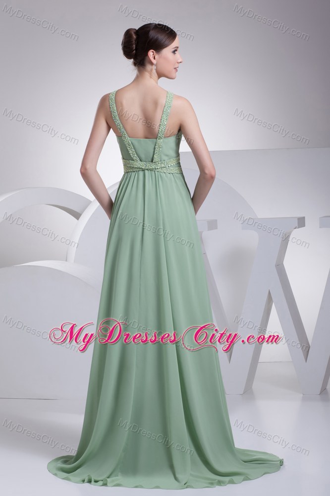 Apple Green V-neck Beading Brush Train Back Out Prom Dress