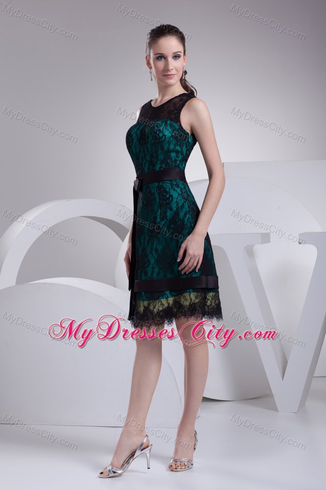 Lace Scoop Neck Knee-length Sash Elegant Prom Dress for Women