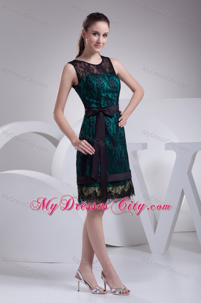 Lace Scoop Neck Knee-length Sash Elegant Prom Dress for Women