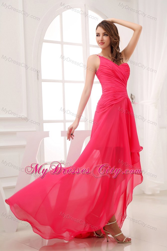 High-low One Shoulder Side Cut Out Chiffon Sweep Train Prom Dress