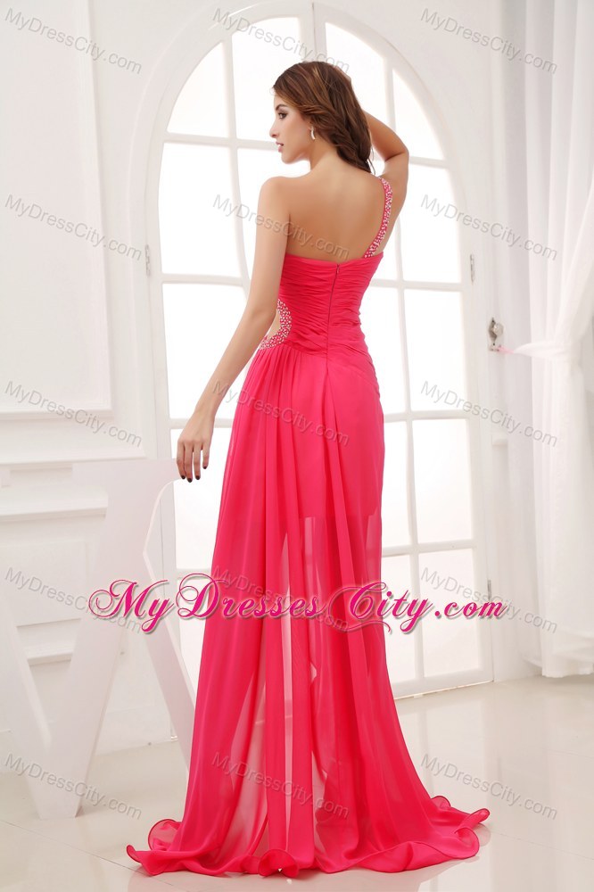 High-low One Shoulder Side Cut Out Chiffon Sweep Train Prom Dress