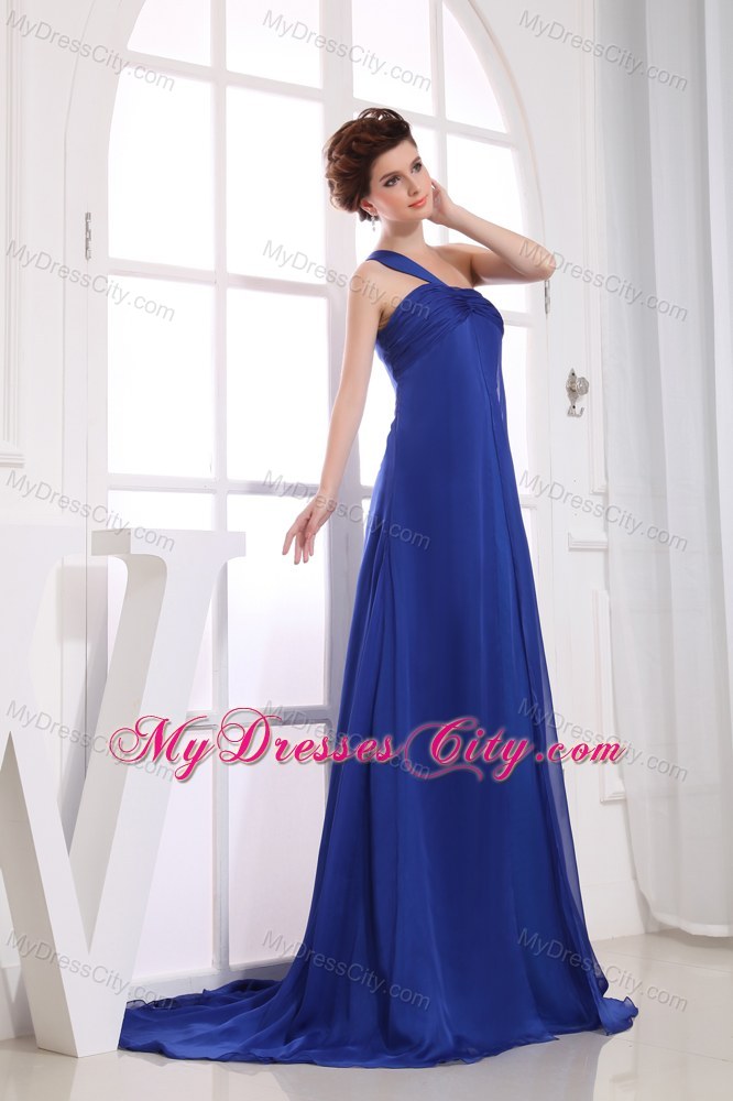 Chiffon One Shoulder Ruching Brush Train Cool Back Prom Dress