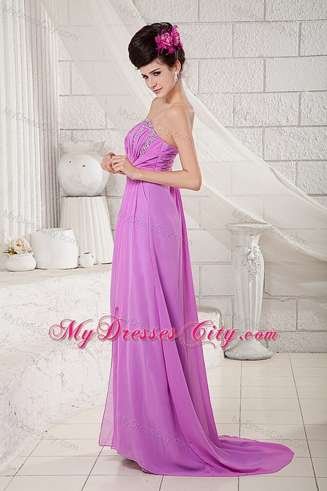 Lavender Strapless Cool Back Beaded Chiffon Prom Dress