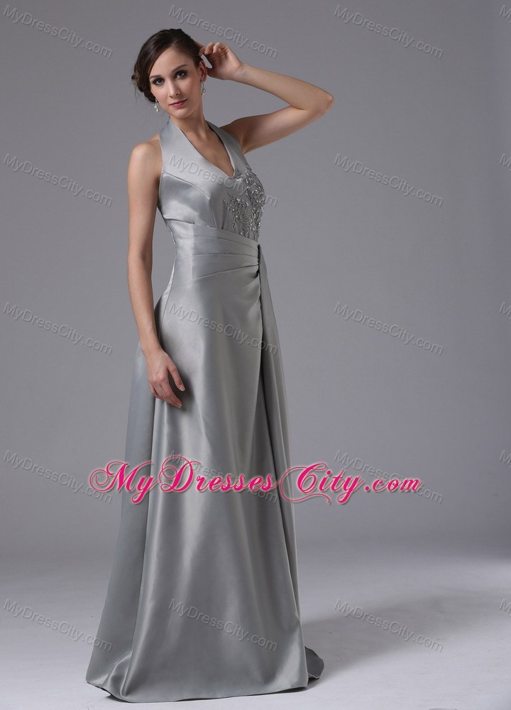 Satin Appliques Halter Top Brush Train Prom Dress for Girls