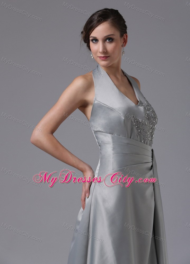 Satin Appliques Halter Top Brush Train Prom Dress for Girls